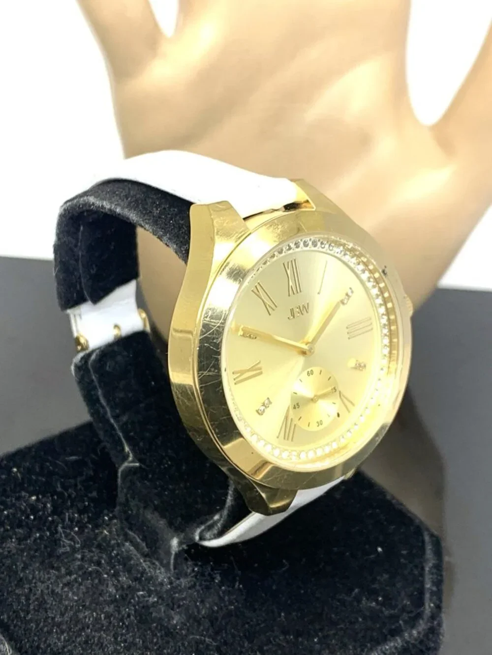 JBW Women's Watch J6309 Aria Quartz Gold Dial White Leather Strap 40mm